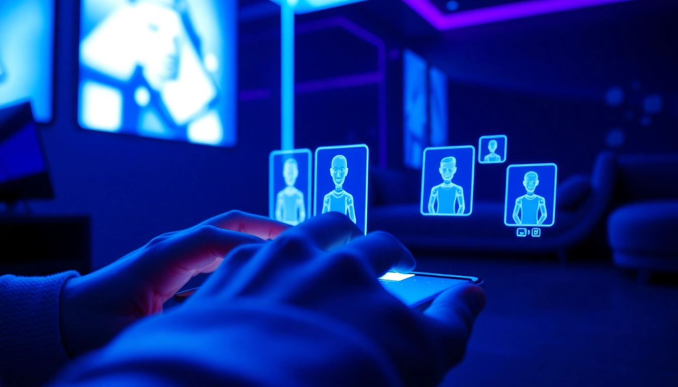 Futuristic digital interface with holographic AI chat windows and user interaction.