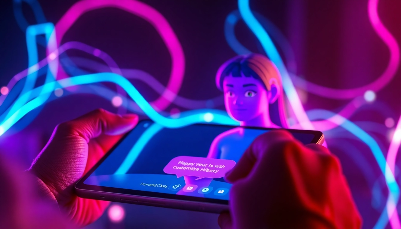 A person using a smartphone to chat with a vibrant, digital AI character in a futuristic setting.