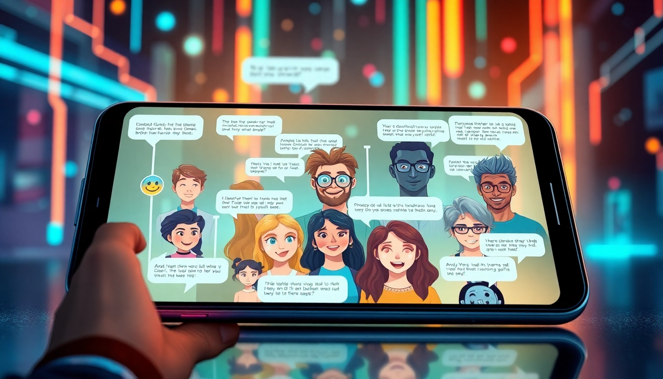 Futuristic AI chatbot interface with diverse characters engaging in digital conversations on a neon-lit, cyberpunk-inspired background.