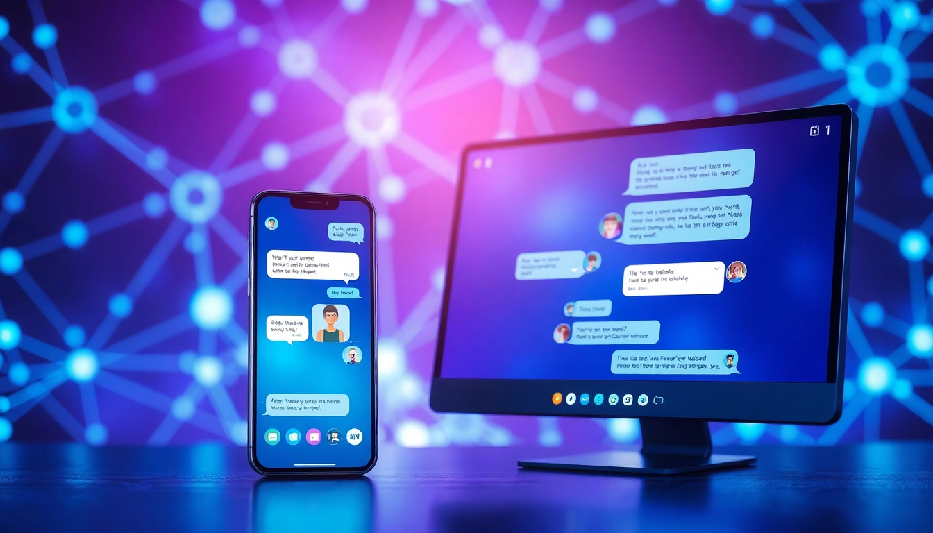 Futuristic AI chatbot interface on smartphone and desktop screens with glowing data streams and customizable characters.