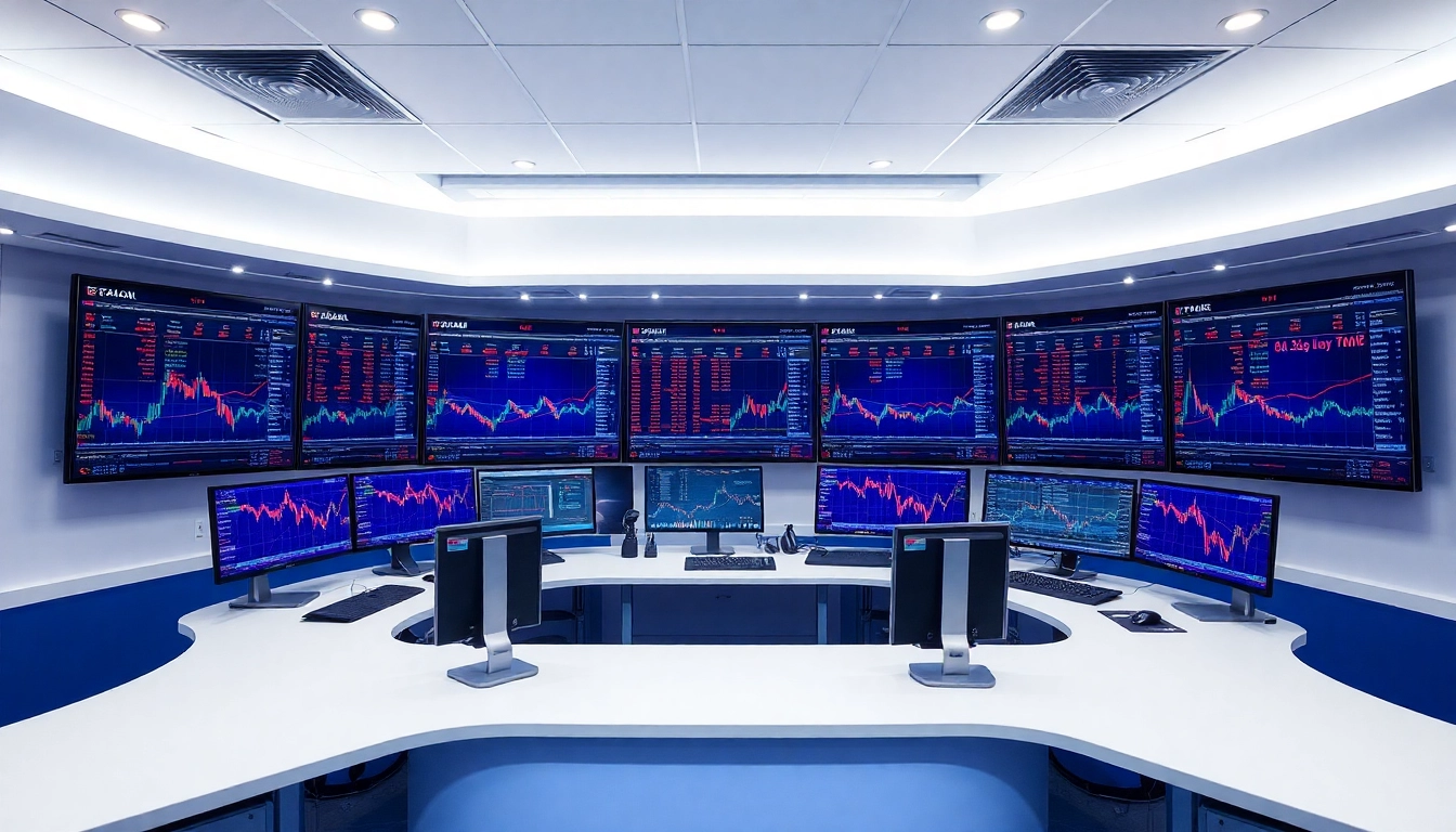 Online Trading UK Professional trader analyzing stock charts on multiple screens for confident